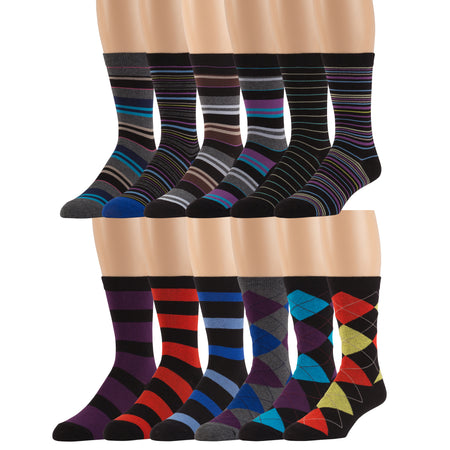 Men's Pattern Dress Funky Fun Colorful Crew Socks 12 Assorted Patterns (Assorted Colors)