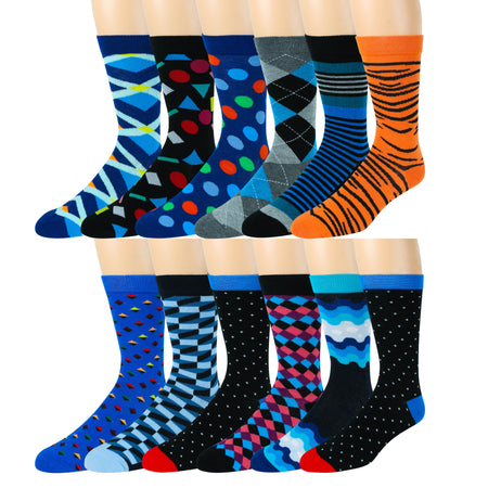 Men's Pattern Dress Funky Fun Colorful Crew Socks 12 Assorted Patterns (Party Collection)
