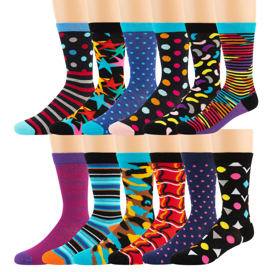 Men's Pattern Dress Funky Fun Colorful Crew Socks 12 Assorted Patterns (Bright Collection)
