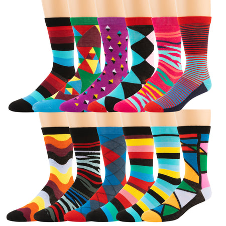 Boy's Pattern Dress Funky Fun Colorful Crew Socks 12 Assorted Patterns (Style B)