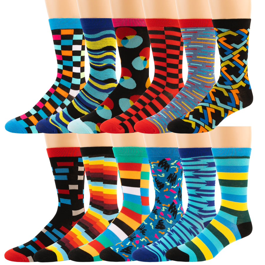 Men's Pattern Dress Funky Fun Colorful Crew Socks 12 Assorted Patterns (Variation H)