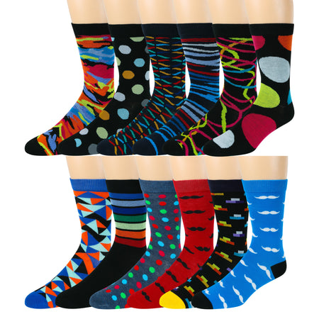 Men's Pattern Dress Funky Fun Colorful Crew Socks 12 Assorted Patterns (Variation J)