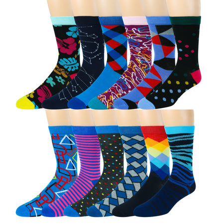 Men's Pattern Dress Funky Fun Colorful Crew Socks 12 Assorted Patterns (Variation M)