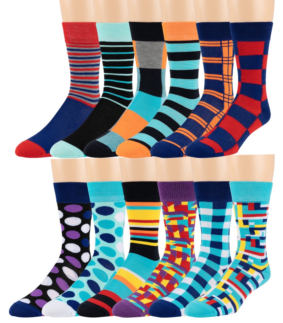 Men's Pattern Dress Funky Fun Colorful Crew Socks 12 Assorted Patterns (Variation S)