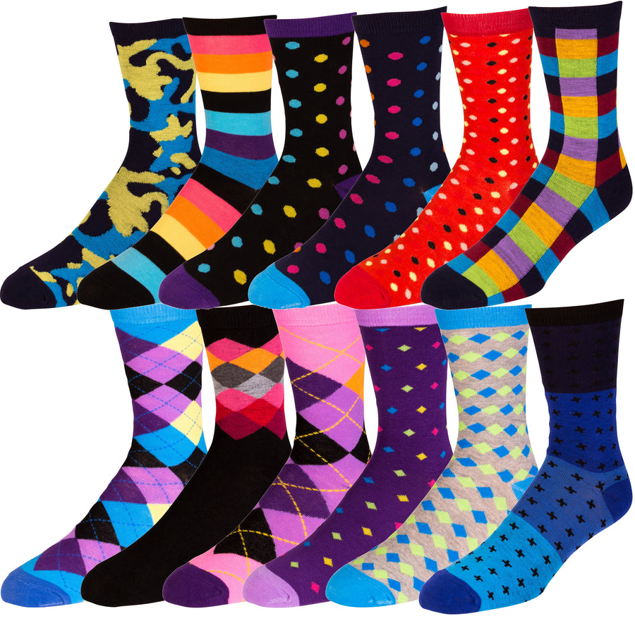 Boy's Pattern Dress Funky Fun Colorful Crew Socks 12 Assorted Patterns (Style Z)